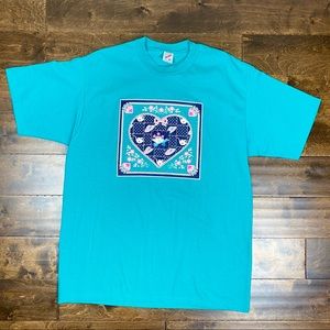 DEADSTOCK 1990s Teal Jerzees Granny Floral Patterned Graphic Tee Sz XL
